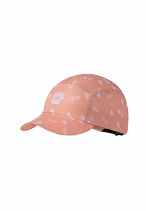 Gorra de béisbol rosa claro con pequeños patrones de mariposas blancas y rosas y una parche cuadrado con logo en la parte delantera.