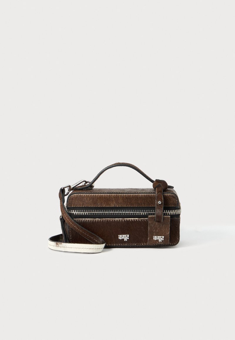 Brown leather rectangular bag with textured surface, zip closure, short handle, and detachable strap. Silver hardware accents present.