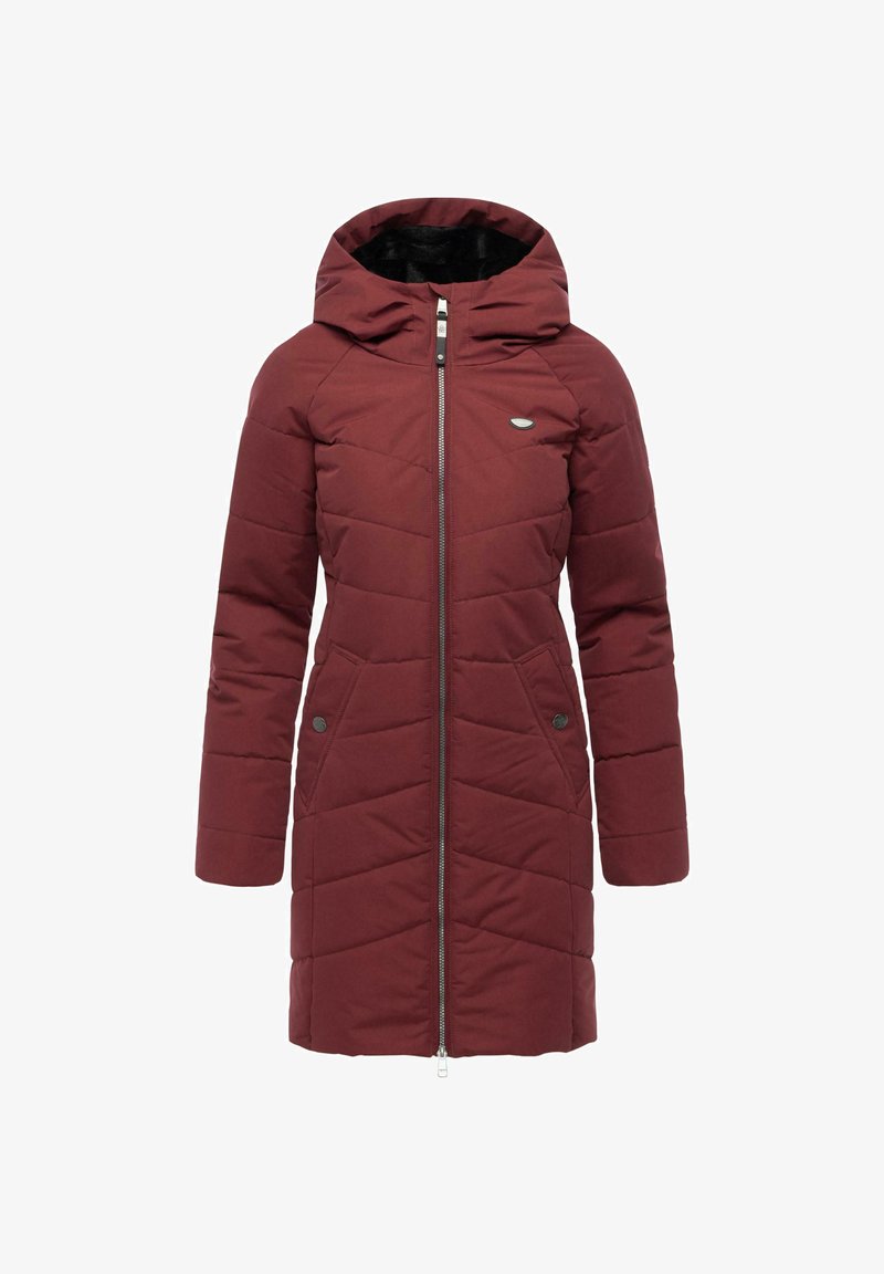 Maroon quilted long coat with a hood, front zipper, and snap button accents. Features diagonal stitching and a soft inner lining.