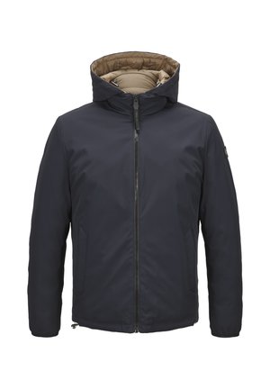 Navy blue insulated jacket with a high collar and stitched lining. Features a front zipper and adjustable hem for versatility.