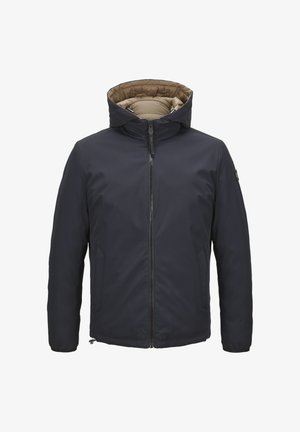 Dunkelblaue isolierte Jacke mit hohem Kragen und gestepptem Futter. Verfügt über einen Frontreißverschluss und einen verstellbaren Saum für Vielseitigkeit.