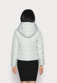 Jasnoszara pikowana kurtka puchowa z kapturem, o gładkiej fakturze i prążkowanym kołnierzu, noszona na czarnej spódnicy.