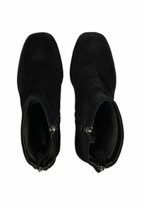 Black suede ankle boots with a pointed toe, side zippers, and a smooth texture. Interior is lined with soft fabric.