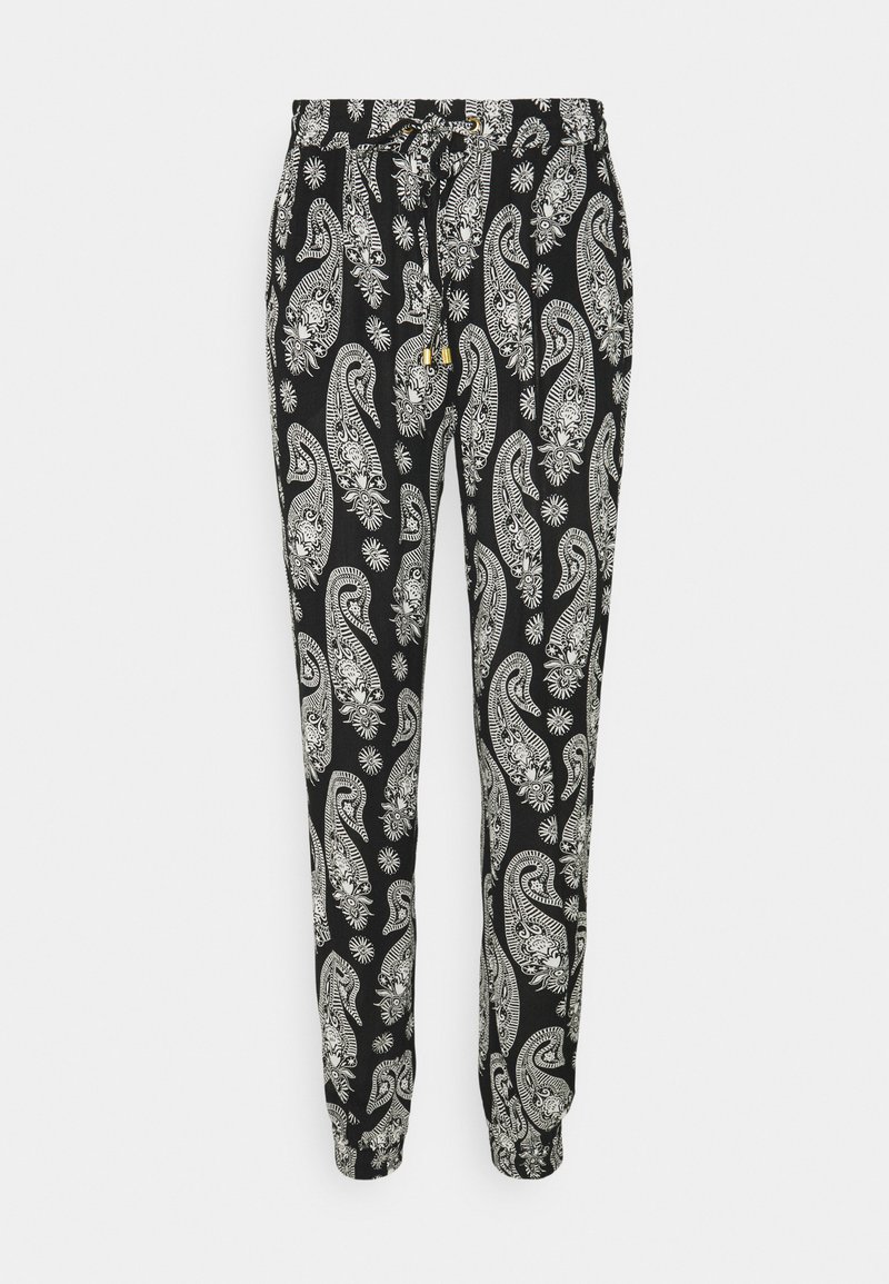 Pantalons noirs avec un motif cachemire blanc, taille élastique avec cordon de serrage et poignets élastiques, fabriqués en tissu doux avec une texture lisse.