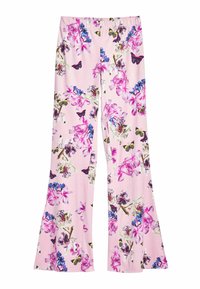 Pantaloni svasati in un tessuto rosa chiaro con un motivo floreale in viola, blu e bianco, decorati con farfalle. Vita elasticizzata.
