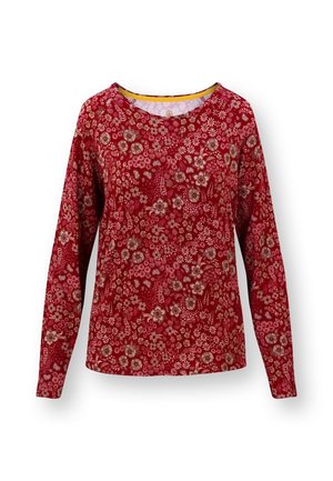 Rotes Langarmhemd mit floralem Muster in verschiedenen Brauntönen und Creme, rundem Ausschnitt und weicher Textur.