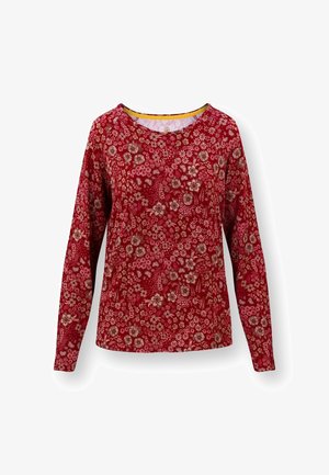 Red long-sleeve shirt featuring a floral pattern in various shades of brown and cream, with a round neckline and soft texture.