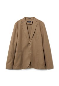 Blazer di cotone marrone con due tasche frontali, chiusura a un bottone e rever a nota. Presenta una texture liscia e una vestibilità sartoriale.