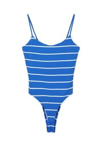Costume da bagno intero blu con spalline sottili e strisce orizzontali bianche, caratterizzato da una scollatura alta sulla gamba.