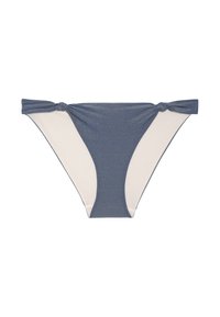 Bas de bikini texturé bleu marine avec une doublure intérieure lisse, doté de liens latéraux et d'un panneau contrastant crème, conçu pour le confort et le style.