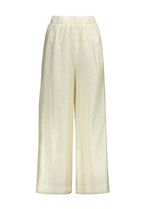 Crèmekleurige broek met wijde pijpen, elastische tailleband en subtiel klein stippenpatroon.