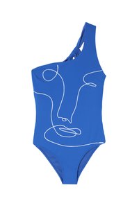 Sininen uimapuku yhdellä olkapäällä, joka on valmistettu sileästä kankaasta ja jossa on edessä valkoista viiva-aluetta esittävää kasvokuvaa. Teksturoitu selkädesign.