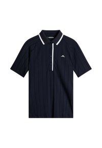 Polo blu navy con una trama a coste, colletto e patta bianchi a contrasto, tre bottoni e un piccolo logo sul petto.
