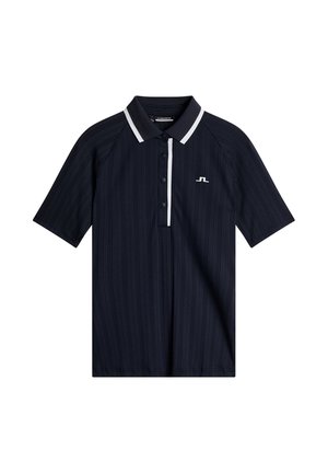 Navy blue polo shirt with a ribbed texture, contrasting white collar and placket, three buttons, and a small logo on the chest.