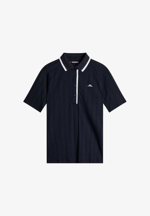 Navyblauw poloshirt met een ribbelstructuur, contrasterende witte kraag en knoopsluiting, drie knopen en een klein logo op de borst.