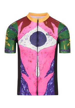 Korte mouwen fietsshirt met een multicolor ontwerp met levendige roze, groene en blauwe patronen, een ritssluiting aan de voorkant en een ronde halslijn.