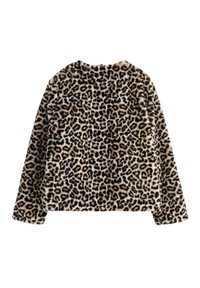 Luipaardprint nepfurrijacket met lange mouwen, ronde halslijn en een zachte, gestructureerde oppervlakte. Heeft een zwart en bruin kleurpatroon.