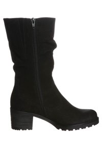 Bottine noire en matière douce, avec une fermeture éclair sur le côté, une tige texturée et un talon carré avec une semelle extérieure crantée.