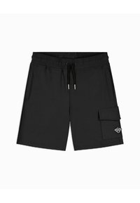 Zwarte shorts met een elastische tailleband en een verstelbaar trekkoord, met een zijvak en een klein logo-accent.