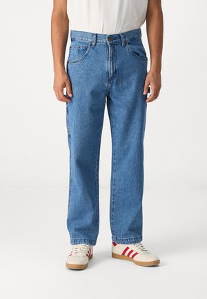 Light blue denim jeans with a relaxed fit, straight leg design, front and back pockets, and a button closure at the waist.
