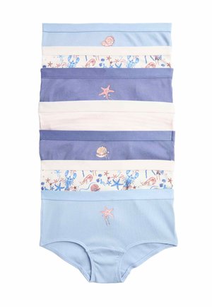 Vijf opgevouwen katoenen damesonderbroeken in blauw, paars, wit en met zeeleven patroon, elk met een klein zeesterren- of schelpontwerp.