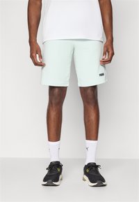 Bermudas de desporto de um verde menta claro com um cós elástico e o logótipo da Puma na frente. Usadas com sapatos pretos e meias brancas.