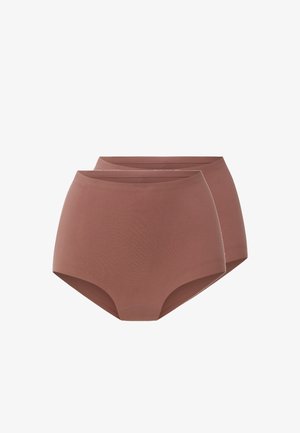 To sømløse dameunderbukser med høj talje i mat brun stof vist mod en hvid baggrund.
