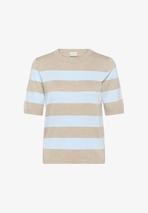 Pull en maille beige et bleu clair à rayures horizontales, manches courtes, col rond et col côtelé.