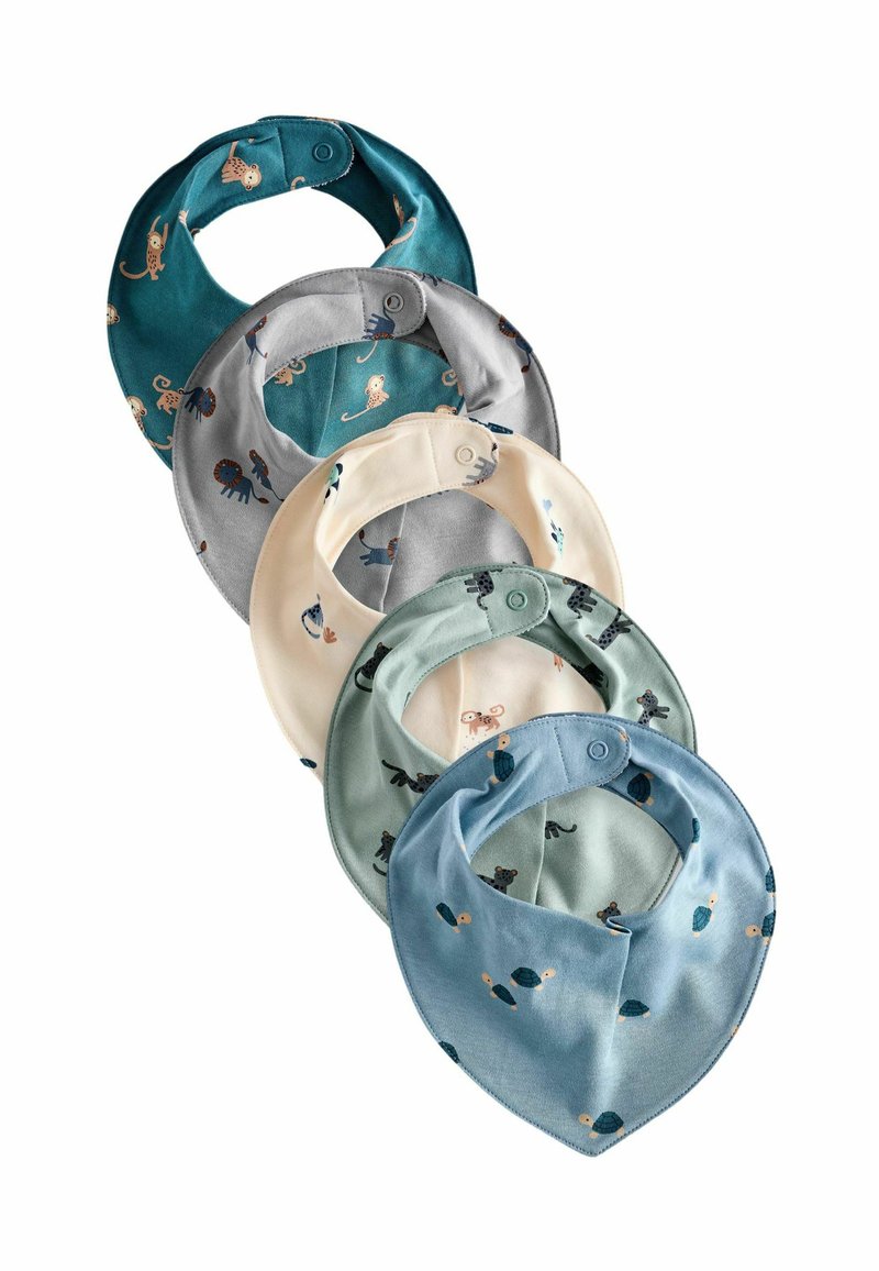Paquet de plusieurs bavoirs en coton de couleur teal, gris, crème et bleu clair, ornés de motifs d'animaux et dotés de fermetures à pression.