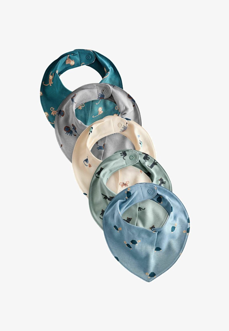 Több darabból álló pamut bandana baba bibik: türkiz, szürke, krémszínű és világoskék színekben, állatmintákkal és patentos záródással.