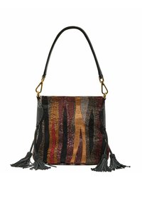 Borsa intrecciata multicolore con rifinitura in pelle nera, caratterizzata da strisce verticali nei toni del rosso, marrone e oro, e nappe nere.