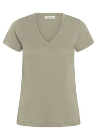 Lichtgroen v-hals t-shirt van zacht, gestructureerd stof. Korte mouwen en een rechte zoom met stiksel details accentueren het ontwerp.