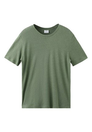 T-shirt uni à manches courtes avec col rond, de couleur olive unie, présenté à plat sans motifs ni logos visibles.