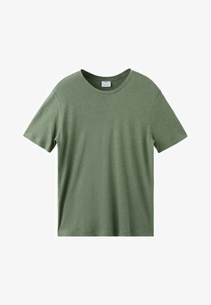 T-shirt uni à manches courtes avec col rond, de couleur olive unie, présenté à plat sans motifs ni logos visibles.