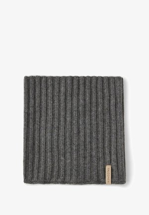 Grau gestrickter Schal mit gerippter Textur. Verfügt über ein kleines Label auf der unteren rechten Seite. Strapazierfähiges Wollmaterial.
