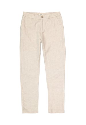 Pantalon en lin beige à coupe droite, doté d'une fermeture avant par bouton, de poches latérales et d'une finition en tissu texturé.