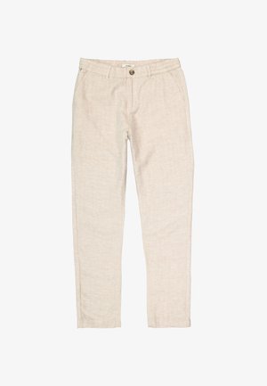 Beige linnenbroek met een rechte pijp, voorzien van een knoopsluiting aan de voorkant, zijzakken en een gestructureerde stofafwerking.