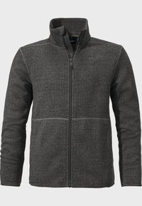 Schwarze Fleecejacke mit hohem Kragen, kompletten Frontreißverschluss, strukturiertem Stoff und kontrastierenden Nähten über der Brust.