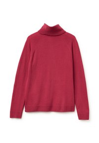 Karmesinroter Rollkragenpullover, gestrickte Textur, lange Ärmel, gerippter Kragen und Saum, glatte Oberfläche, lockere Passform, Rückenansicht.