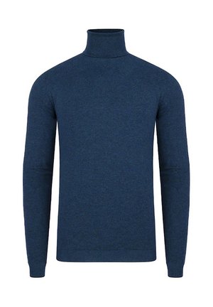 Ciemnoniebieski sweter z golfem wykonany z gładkiej dzianiny, z długimi rękawami i dopasowanym krojem, bez widocznych wzorów czy akcentów.