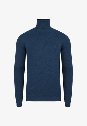 Ciemnoniebieski sweter z golfem wykonany z gładkiej dzianiny, z długimi rękawami i dopasowanym krojem, bez widocznych wzorów czy akcentów.