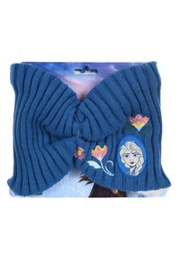 Fascia per capelli blu lavorata a maglia con forma a fiocco, caratterizzata da fiori ricamati e una patch del personaggio di Elsa. Design a coste texturizzato, materiale morbido.