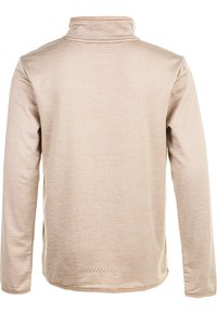 Maglione a maniche lunghe color beige con un sottile motivo a trama, mostrato da dietro su uno sfondo bianco.