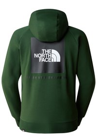 Sweat à capuche vert foncé avec un grand logo carré noir et le texte blanc « The North Face » au dos.