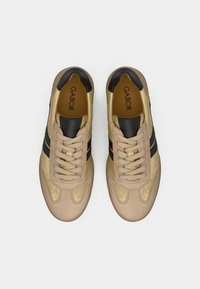 Ζευγάρι μπεζ και χρυσά αθλητικά παπούτσια με κορδόνια, με μαύρες ρίγες και μαύρα διακοσμητικά στο πίσω μέρος, φαίνονται από πάνω πάνω σε λευκό φόντο.