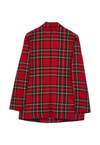 Camicia a maniche lunghe a quadri rossi con colletto, vestibilità slim, e linee gialle e nere a contrasto in tutto il motivo.
