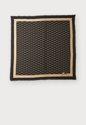 Black silk scarf featuring a repeated logo pattern, bordered with a tan edge and frayed detailing. Measures approximately 90 cm by 90 cm.