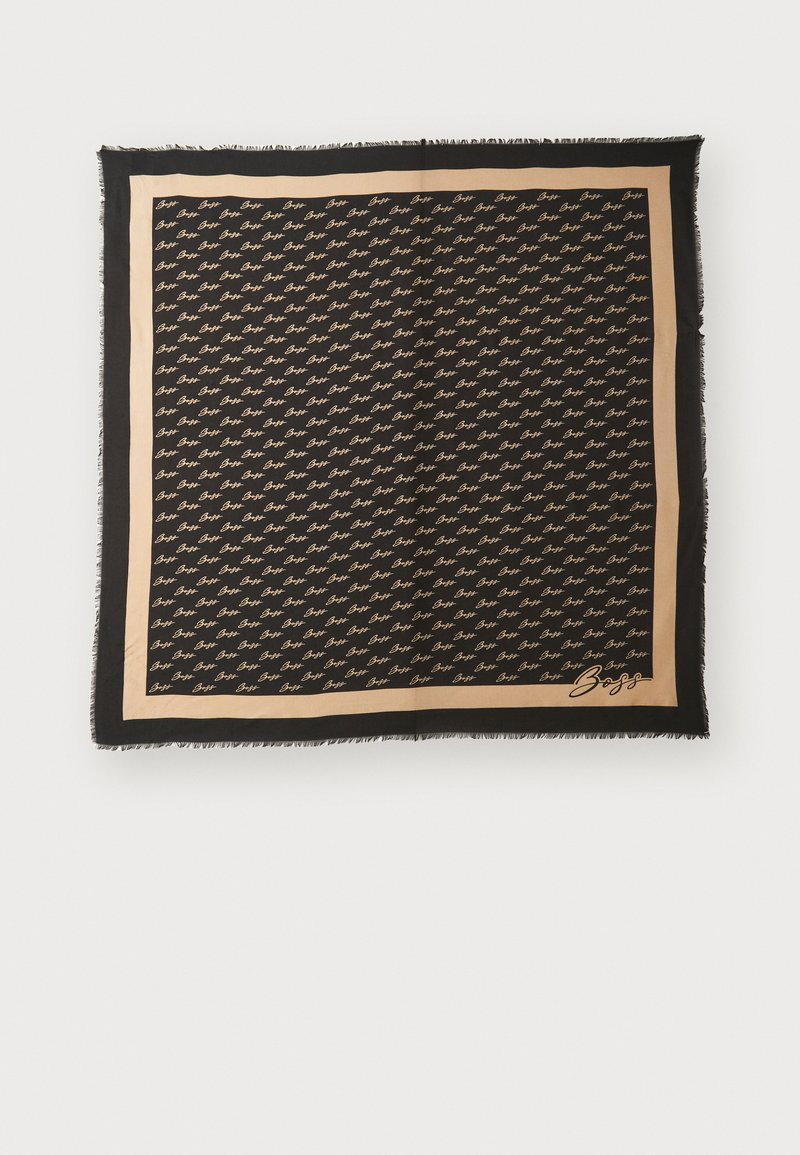 Black silk scarf featuring a repeated logo pattern, bordered with a tan edge and frayed detailing. Measures approximately 90 cm by 90 cm.