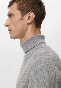 Grijze gebreide coltrui met verticale ribbelpatronen en een gestructureerde afwerking. Vanuit de zijkant getoond tegen een lichte achtergrond.