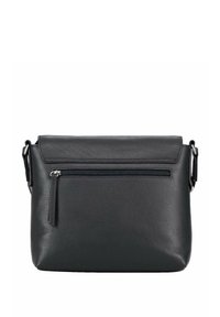 Borsa a tracolla in pelle nera con superficie testurizzata, tasca frontale con cerniera e tracolla regolabile. Presenta un design con patta pieghevole superiore.